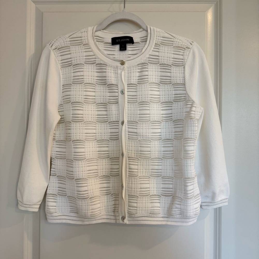 St. John White Knit Buttoned Crewneck Cardigan